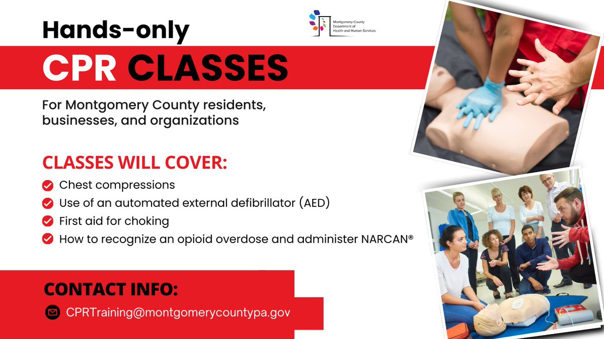 The Montgomery County Department of Health and Human Services Office of Public Health is offering free CPR and Naloxone (NARCAN®) administration classes to Montgomery County residents and organizations. Use the QR code to register for a training.

forms.office.com/pages/response…