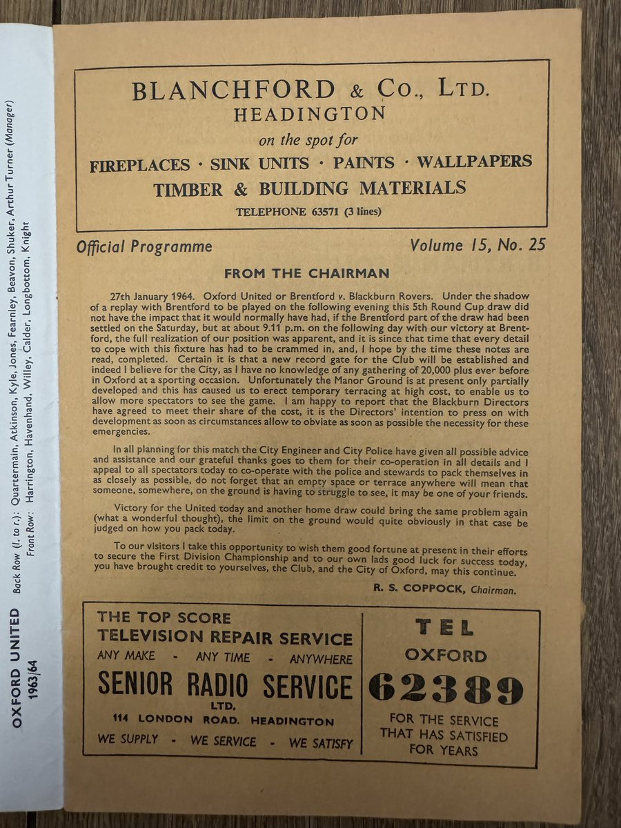 bigox_68's tweet photo. No 88 in the #90for90 tribute. February 1964 Oxford went FA Cup crazy. The 2 historic games vs Blackburn and Preston at the Manor, and #OUFC cup run… 💛💙 Both programmes and press coverage thread… (1/6) https://t.co/7swPwbUkjC