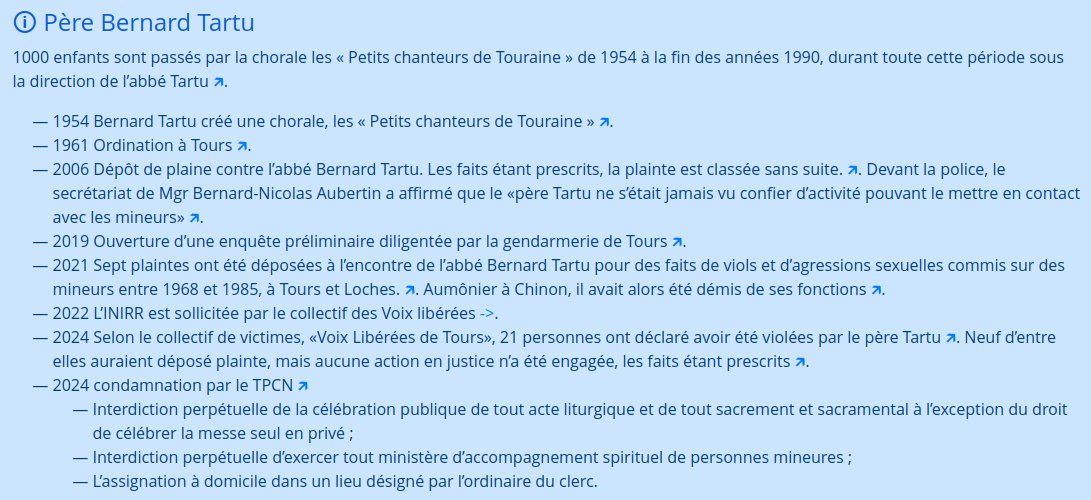 browser_antoine's tweet photo. Le Tribunal Pénal Canonique National (TPCN) a condamné le père Tartu pour avoir violé une vingtaine d’enfants des « Petits chanteurs de Touraine » entre 1960 et 1990. Il n’est cependant pas renvoyé de l’état clérical.
Voici la chronologie ⬇️ https://t.co/UYWBek4LaB