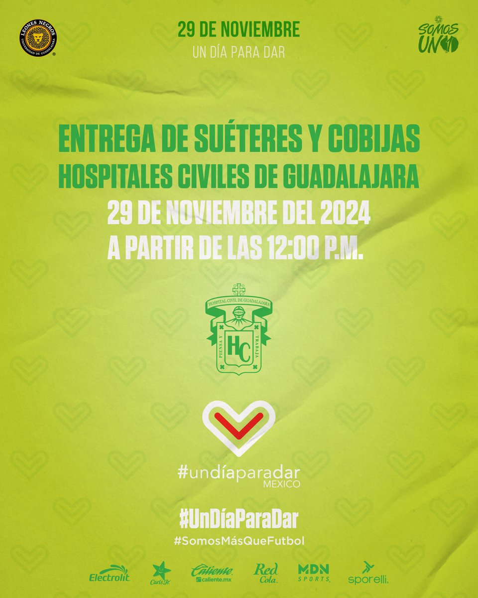 Hoy es #UnDíaParaDar y compartir la gran voluntad del 🖤 de 🦁 de toda nuestra Manada. 🧥🧣

📌 Hospital Civil Viejo ⏰ 12:00 PM
📌 Hospital Civil Nuevo ⏰ 2:00 PM

¡#Somos1, #SomosMásQueFutbol!