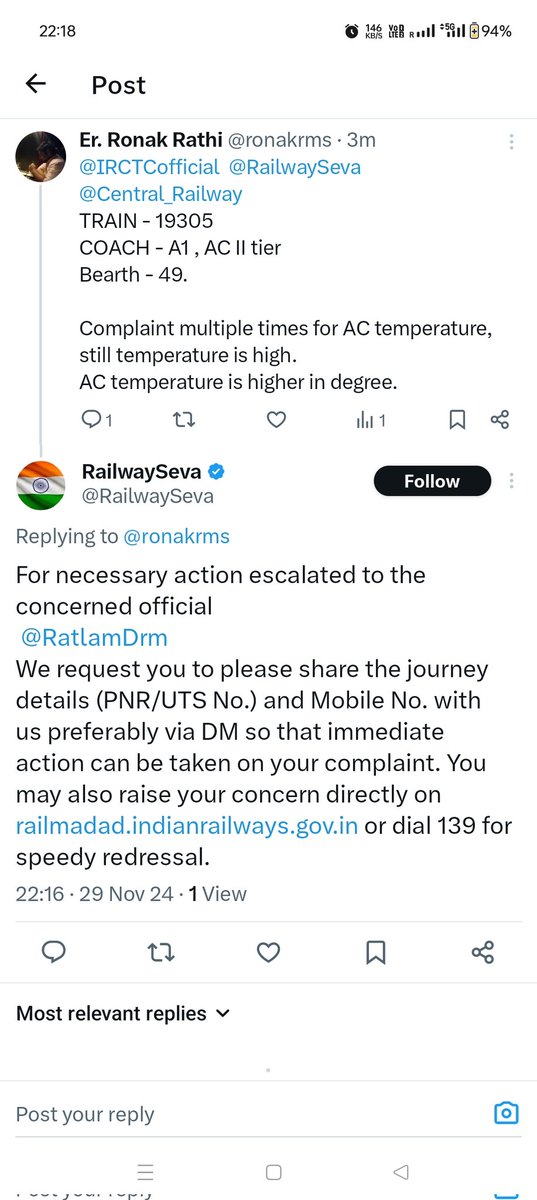 ronakrms's tweet photo. @RailwaySeva @RatlamDRM @RatlamDRM do not allow DM as I am not verified user, seriously??? https://t.co/q4W6TejLSD