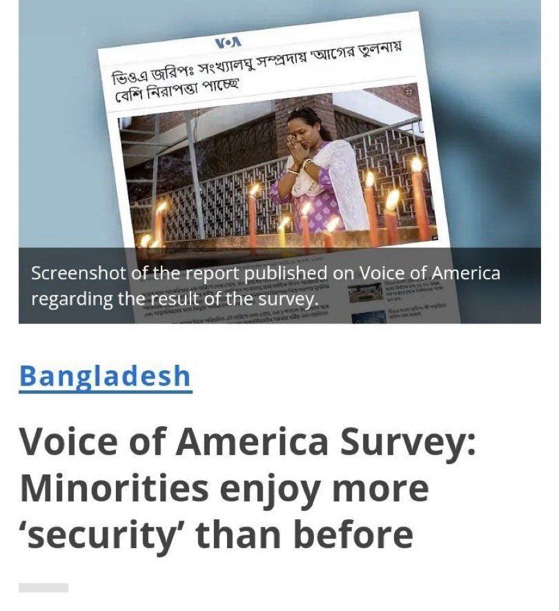 Rami_0_1's tweet photo. 🚨VOA survey: Minority communities 'feeling more secure than before🚨

Source:- https://t.co/hfsQ69NiI5

A VOA survey revealed that Bangladesh’s interim government has made notable improvements in ensuring the safety of minority communities. According to the survey, 64.1% of respondents believe the current government is providing better security than the previous administration.

While the Awami League government faced allegations of land grabbing and other forms of persecution against minorities, the interim government’s actions have improved the situation. With support from the administration and the public, security for places of worship has been strengthened. Although some incidents of violence have occurred, the government claims these were politically motivated.

However, minority communities still face a trust deficit. Human rights activists emphasize the need for further measures by the government to assure minorities of their safety and rights. 🇧🇩

#JusticeForSaifulIslam
#Baniskcon
#BanRSS
#PunishmentForChinmoyPrabhu