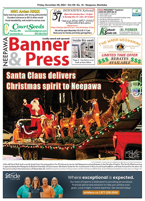 Neepawa Banner&Press (@bannerandpress) on Twitter photo This week's <a href="/BannerandPress/">Neepawa Banner&Press</a> spotlights our local Christmas Parade & Wish Sale, details on a vandalism & potential theft at the Neepawa Post Office and new local partnership for HyLife.
mywestman.ca/community-news… This week's <a href="/BannerandPress/">Neepawa Banner&Press</a> spotlights our local Christmas Parade & Wish Sale, details on a vandalism & potential theft at the Neepawa Post Office and new local partnership for HyLife.
mywestman.ca/community-news…