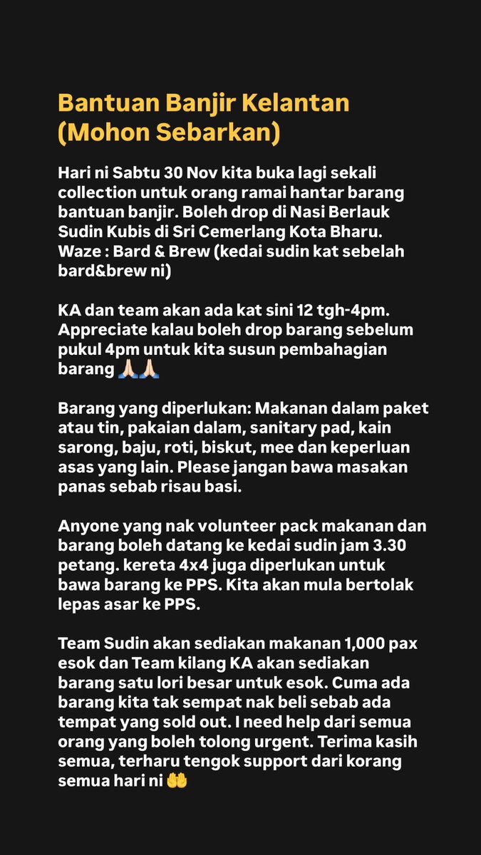 khairulaming's tweet photo. Mohon sebarkan. Ini plan untuk kumpul sumbangan barang bantuan banjir untuk tarikh Sabtu 30 Nov: https://t.co/D7GjLP69ro