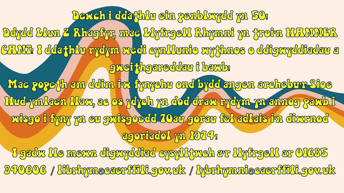 RhymneyLibrary's tweet photo. Next week we turn FIFTY!π₯³
Come and celebrate our 50th birthday!π
*Timetable of events to follow!*
#RhymneyLibrary #Rhymney
Yr Wythnos nesaf rydym yn troi un HANNER CANT!π₯³
Dewch i ddathlu ein penblwydd un 50 oed!π
*Amserlen o ddigwyddiadau i ddilyn!*
#LlyfrgellRhymni #Rhymni https://t.co/hqWHOowCWa