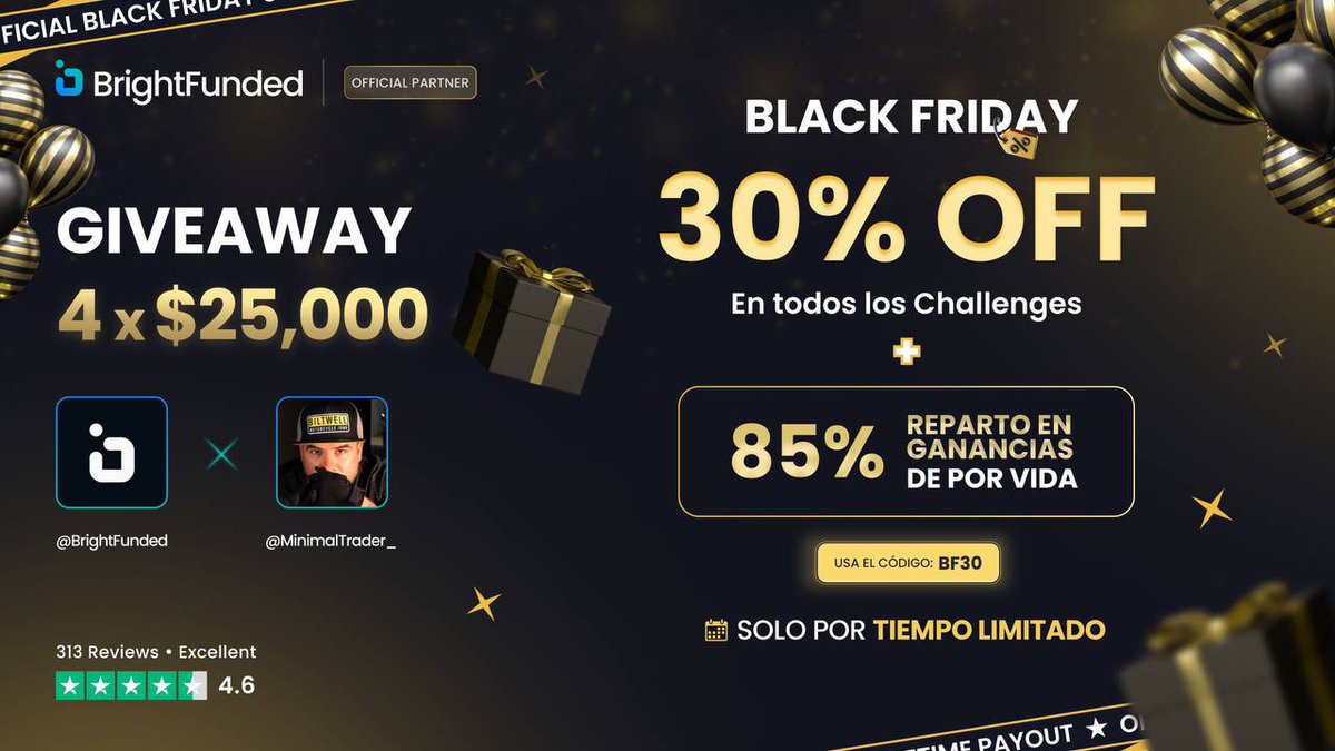 Happy Black Friday Amigos!  Junto con <a href="/BrightFunded/">BrightFunded</a> <a href="/BrightFundedES/">BrightFunded - Español</a> estamos haciendo este giveaway de  4 cuentas de $25k !!! #BlackFriday2024 #trading #Giveaway 

Para participar solo dale RT! Like y etiqueta a 2 amigos!! 👇👇 

Ganadores se dan en 72 hrs!!
