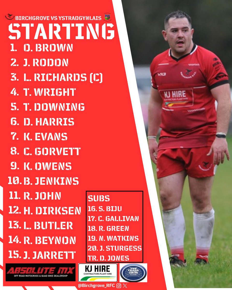 Birchgrove_RFC's tweet photo. 🏉SQUAD🏉

Here’s the team that travels to @ystradbluesrfc tomorrow afternoon.

🔴⚪️ https://t.co/HMQc1owgxh