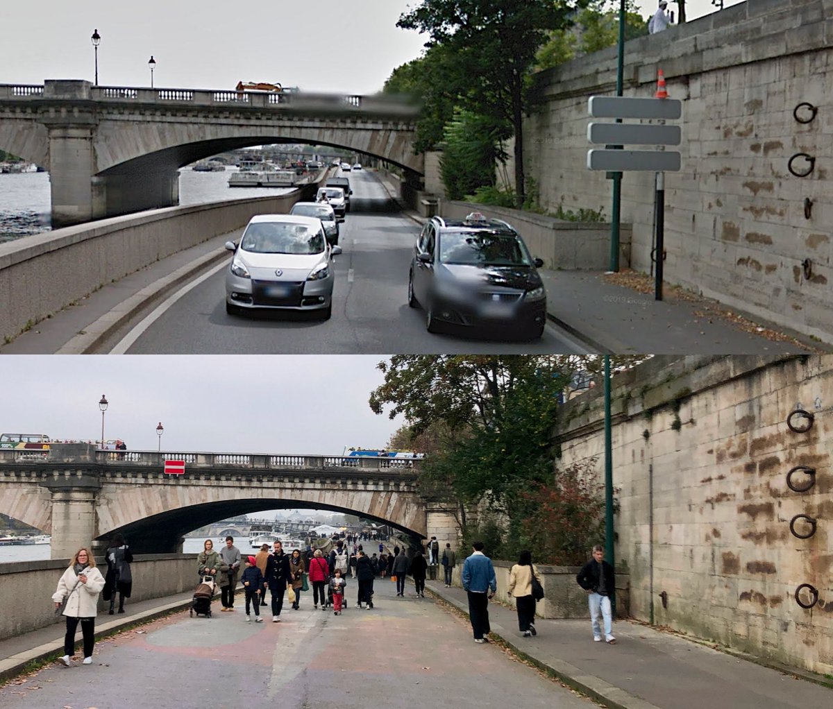 EmmanuelSPV's tweet photo. Avant / Après la piétonnisation de la voie express rive gauche au centre de Paris https://t.co/r00Cohuecd
