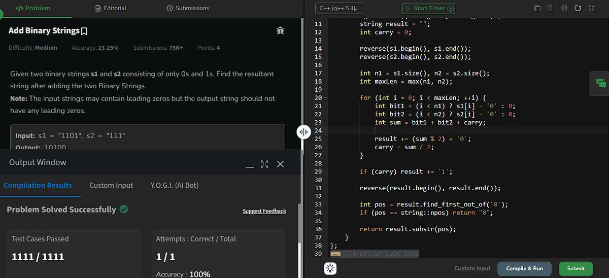 A_Singh_02's tweet image. Day 13 of #gfg160 Master binary operations with ease! 🧑‍💻 @geeksforgeeks Binary addition made simple! 🧑‍💻Here&apos;s how to add two binary strings efficiently without leading zeros. #BinaryMath #CodeNewbie #BinaryStrings #CodingChallenge #geekstreak2024 #womenintech