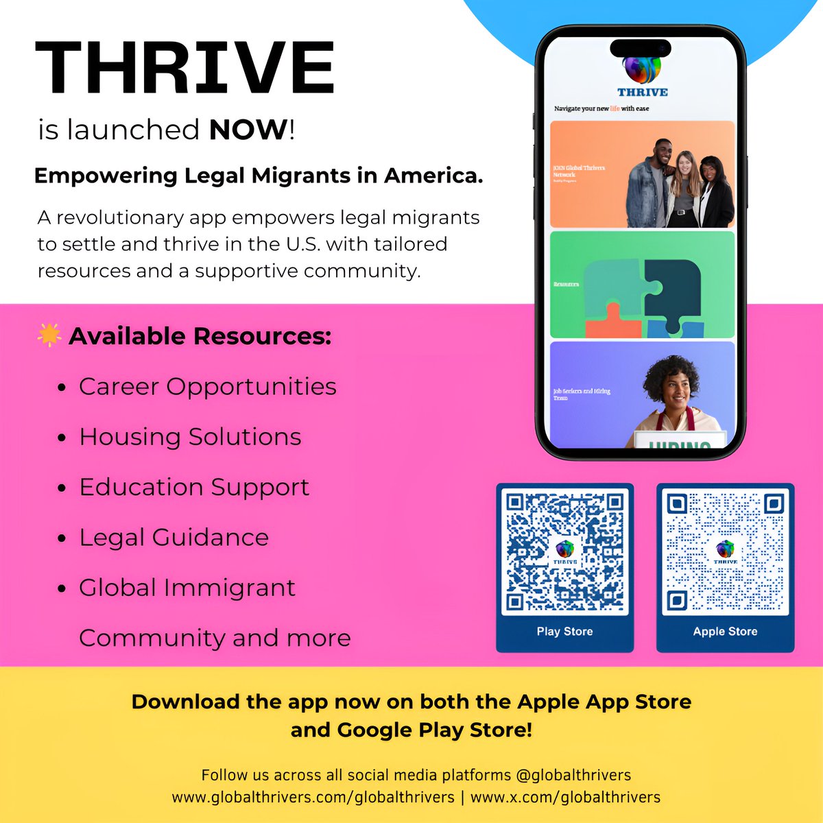 globalthrivers's tweet photo. THRIVE is launched NOW!

Discover the THRIVE App: Empowering Immigrants

📷 The THRIVE app is here to support your journey as an immigrant, offering essential tools and resources to help you succeed. Here’s what you can expect:

📷 Career Growth:
Unlock tailored job opportunities and career advice to help you achieve your professional goals.
📷 Housing Assistance:
Explore practical housing solutions to make settling in your new home easier.

📷 Education Opportunities:
Gain access to scholarships, educational resources, and expert advice to advance your learning journey.
📷 Legal Guidance:
Navigate legal systems confidently with resources to support your rights and well-being.

📷 Global Community:
Join a supportive network of immigrants like you and build lasting connections.
📷 Bonus Features:

Financial literacy tools, including budget planning.
A buddy program to help you navigate challenges.

Notifications to keep you informed and updated.
📷 Download THRIVE Now

Apple Store: https://t.co/dslqJNl3dP

Google Play Store: https://t.co/o6dH2fn29D
📷 Stay Connected:
Visit our website: https://t.co/0WFCW7B15D
Follow us on social media for updates, tips, and community stories:
Facebook: https://t.co/dknaVUfMTY
Instagram: https://t.co/HORI9NxqEM

LinkedIn: https://t.co/sg7tIBbqvl
Twitter (X): https://t.co/SW7AslQa98
YouTube: https://t.co/E3x2aRyQ3h
Take control of your future today—because thriving starts here! 📷

@iamcardib @elonmusk @Schwarzenegger @realDonaldTrump @JoeBiden @FLOTUS @MELANIATRUMP @Beyonce @EricTrump