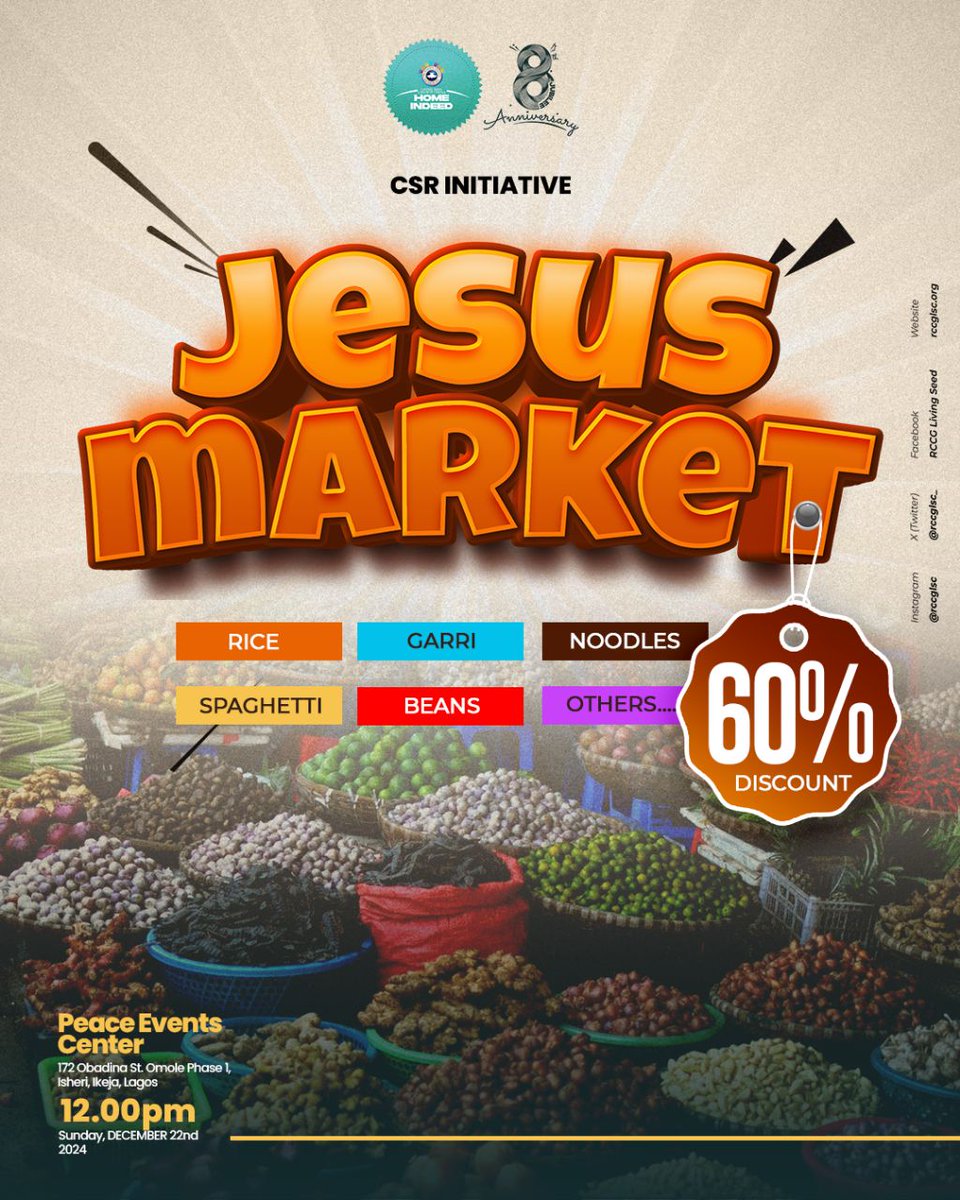rccglsc_'s tweet photo. We are so excited to announce to you that JESUS MARKET is happening this December and it promises to be fun, exciting, rewarding and fulfilling.
DID YOU JUST SEE 60% DISCOUNT?
Yes, 60% discount!
So, get ready to grab this amazing opportunity.
#teamard #rccglsc #jesusmarket https://t.co/vl91ayTCpt