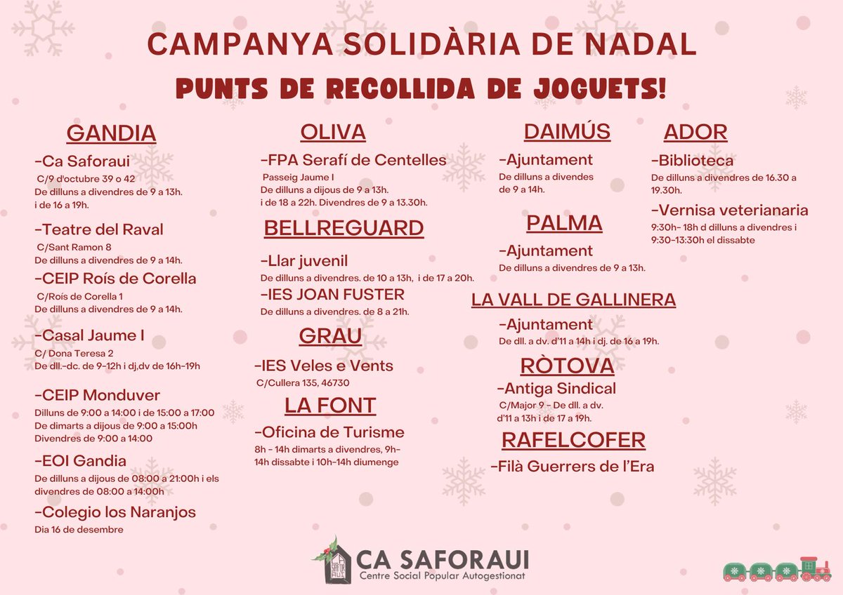 ca_saforaui's tweet photo. 🎁 Primers punts de recollida de joguets. Ja podeu apropar-vos i col·laborar. https://t.co/hZ4mzknD2T