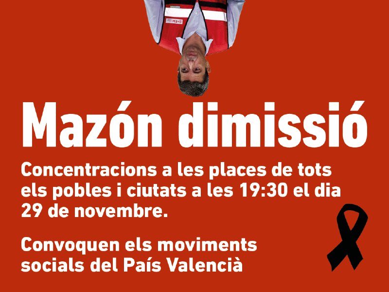 RECORDA! CONCENTRACIÓ HUI DIVENDRES 29, 19:30 h, PLAÇA AJUNTAMENT DE RIBA-ROJA:

Contra la gestió d DANA i ABANDÓ d la població
✅  Per un govern responsable q protegisca al poble valencià. 

📆 Divendres 29 novembre 
📍 Plaça Ajuntament - Riba-roja
🕑 19:30 h 

#MazónDimissió