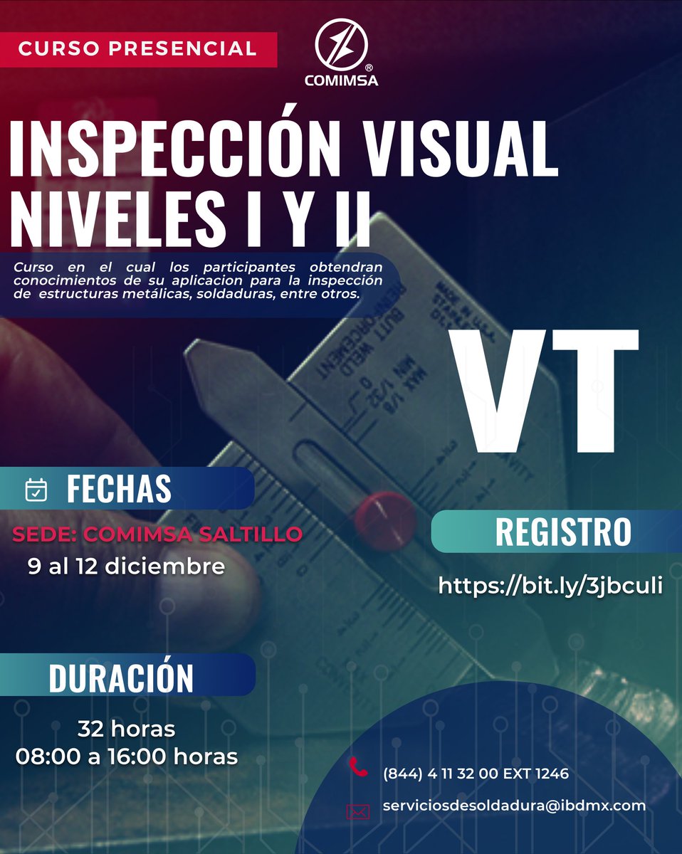comimsa's tweet photo. Aprovecha nuestras últimas fechas en cursos de capacitación en el área de soldadura y ensayos no destructivos. 
 
Pregunta por nuestro descuento
 
 📧serviciosdesoldadura@comimsa.com
 ☎️8444.11.32.00 ext 1246 https://t.co/fdtkpnJcFX