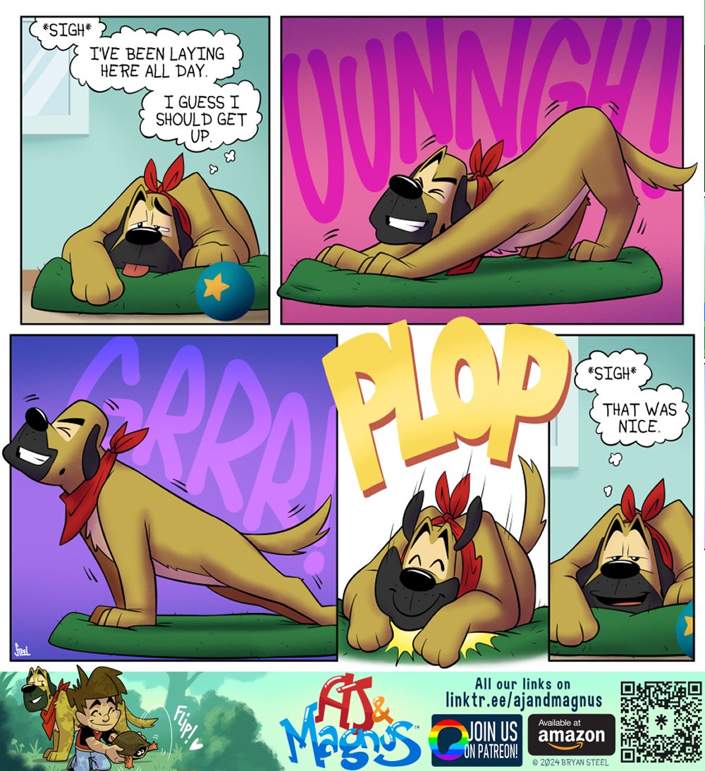 Popular post-Thanksgiving mood😅

Like our comics?
Support us on Patreon to create more!✍️

#AJandMagnus #throwback #comics 
#dog #Thanksgiving #relax #foodcoma