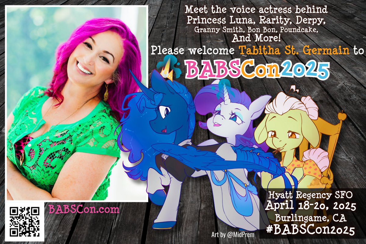 Wake up everypony, our next guest just dropped!!

Announcing Tabitha St. Germain, voice of Princess Luna, Rarity, Derpy, Granny Smith, and so many more beloved ponies!!

Grab 15% off your Weekend Badge before Tuesday with coupon code "SMORES"
