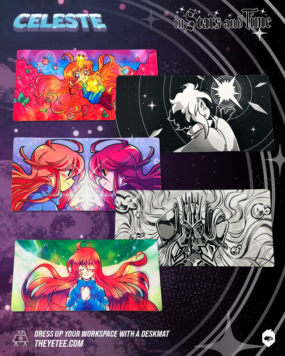 NEW! Arriving for the first time at The Yetee, new deskmats are now available, featuring original art inspired by @celeste_game and @ISAT_game, available now for pre-order: 

🏔️ https://t.co/uRsLBA6oTe
✨ https://t.co/ls7dh9XWlA 