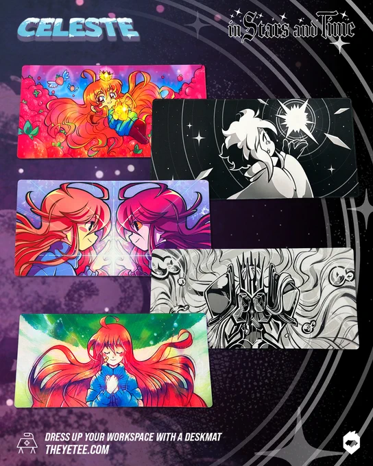 NEW! Arriving for the first time at The Yetee, new deskmats are now available, featuring original art inspired by @celeste_game and @ISAT_game, available now for pre-order: 

🏔️ https://t.co/uRsLBA6oTe
✨ https://t.co/ls7dh9XWlA 