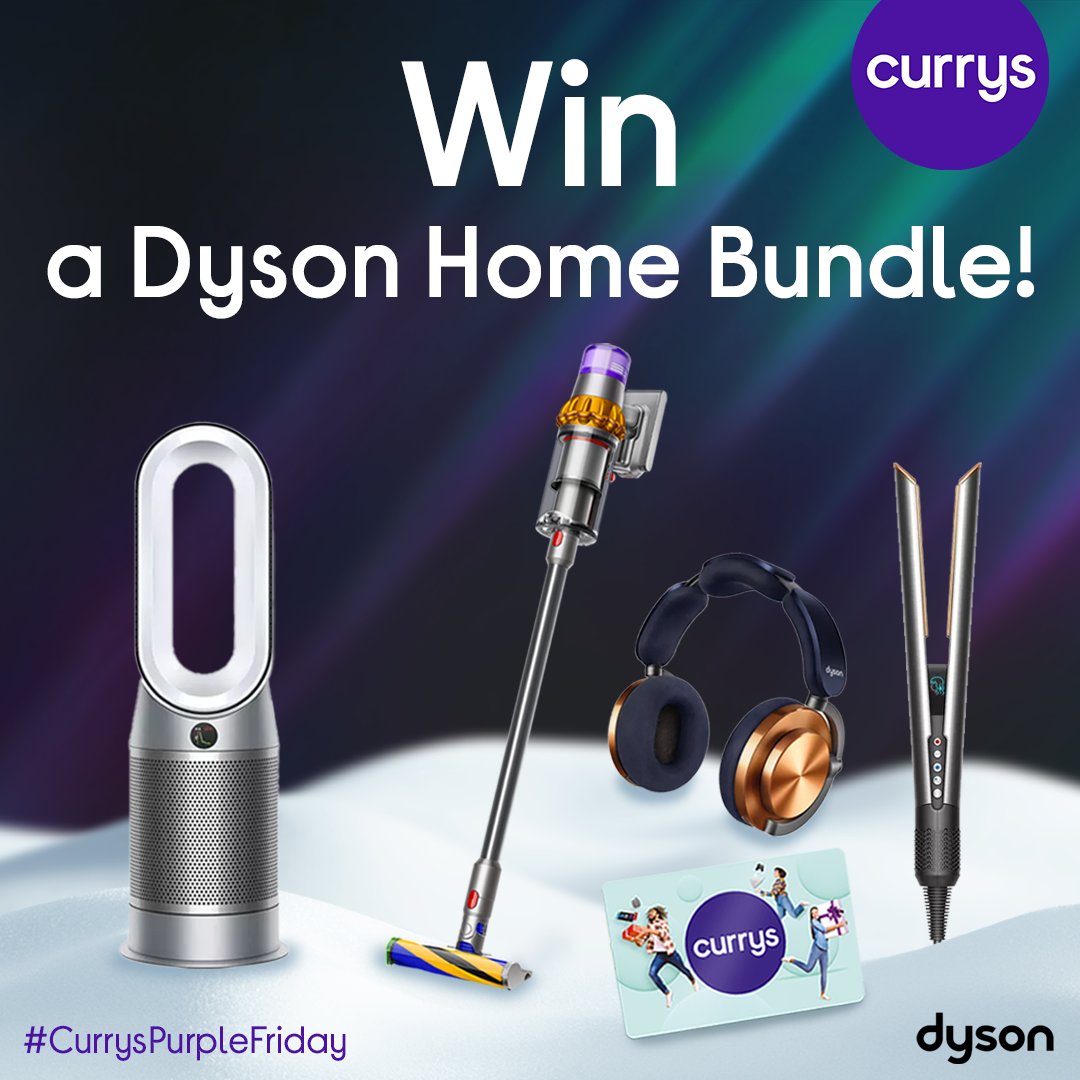 We're giving away epic bundles all day to celebrate #CurrysPurpleFriday 
🎉✨

Enhance your tech game with this Dyson Home Bundle! 🏠🎁

To win, follow <a href="/currys/">Currys</a>, like this post and reply with your favourite song, using #CurrysPurpleFriday