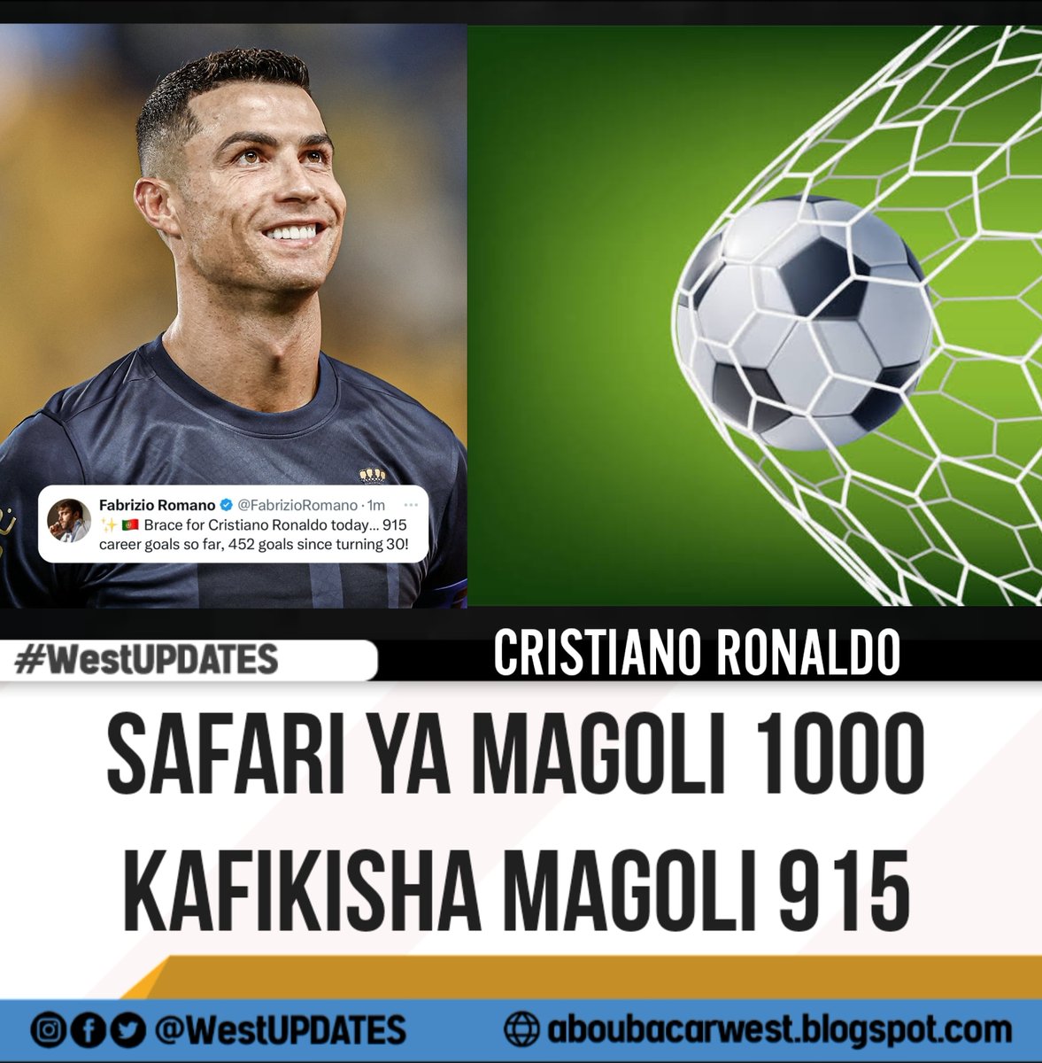 West_Updates20's tweet photo. Baada ya kuweka kambani chuma 2 kwenye mchezo wa ligi kuu dhidi ya Damac huko Saudia Cristiano Ronaldo kafikisha magoli 915 ikiwa ni safari ya kuelekea magoli 1000 aliyosema anataka kufikisha kabla ya kustaafu soka.#WestUPDATES https://t.co/l5EEUsioLA