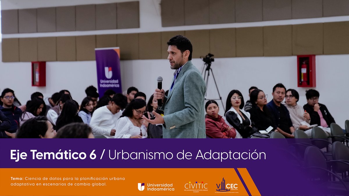 Uni_Indoamerica's tweet photo. 🗣️El Dr. Santiago Bonilla nos adentró en el futuro del urbanismo adaptativo con su ponencia: “#Ciencia de #datos para la planificación urbana adaptativa en escenarios de cambio #global”, presentada en el Eje Temático 6: #Urbanismo de Adaptación. https://t.co/fFJzJ5xumj