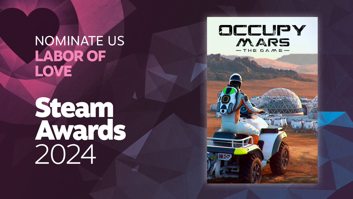 We’re thrilled to announce that Occupy Mars: The Game is nominated for the Labor of Love category in this year’s Steam Awards! 🌟🏆 
If you feel like you’d like to show us your support even more, cast your precious vote here 👉 store.steampowered.com/steamawards/no…