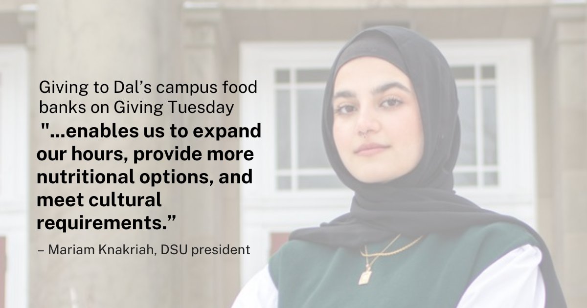 Dalhousie Alumni (@dal_alumni) on Twitter photo The funds raised through Giving Tuesday allow the <a href="/DalStudentUnion/">DalStudentUnion</a> food bank to expand hours, provide diverse offerings, and raise awareness about the impact of food security, says DSU president Mariam Knakriah. 🤍 Read the full story today: ow.ly/k6jj50UcT9y The funds raised through Giving Tuesday allow the <a href="/DalStudentUnion/">DalStudentUnion</a> food bank to expand hours, provide diverse offerings, and raise awareness about the impact of food security, says DSU president Mariam Knakriah. 🤍 Read the full story today: ow.ly/k6jj50UcT9y