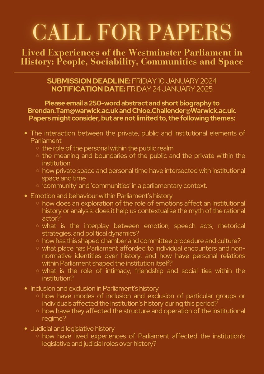 Warwick EMECC (@emeccwarwick) on Twitter photo CALL FOR PAPERS: We're now accepting proposals (250 word abstracts for 20 minute papers) for the ‘Lived Experiences of the Westminster Parliament in History’ conference supported by <a href="/HistParl/">History Of Parliament</a>
See the attached posters and warwick.ac.uk/fac/arts/histo… for more info
#twitterstorians CALL FOR PAPERS: We're now accepting proposals (250 word abstracts for 20 minute papers) for the ‘Lived Experiences of the Westminster Parliament in History’ conference supported by <a href="/HistParl/">History Of Parliament</a>
See the attached posters and warwick.ac.uk/fac/arts/histo… for more info
#twitterstorians