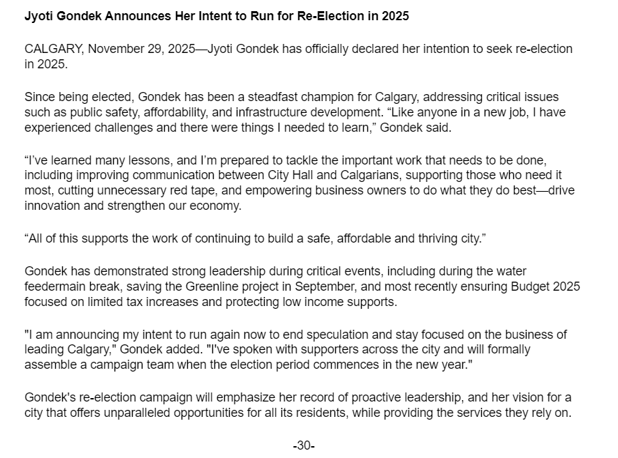 Here is the full news release from Calgary mayor Jyoti Gondek announcing her intention to run for a second term in the 2025 municipal election.