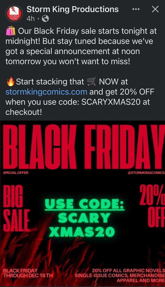 Hey kids!! Wanna get a head start on your gift list? <a href="/stormkingcomics/">Storm King Comics</a>  Black Friday sale is on!

Support indie comics!! 

stormkingcomics.com