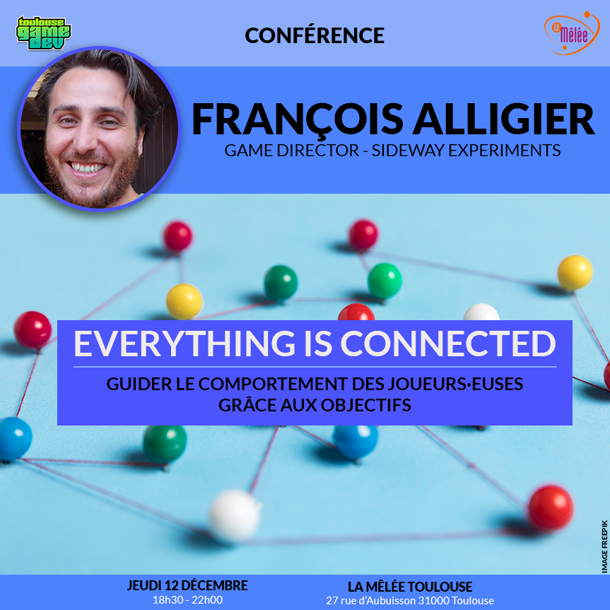 toulousegamedev's tweet photo. 🔥Prochain Meet-up le 12 Décembre! 🔥

Ce mois-ci nous accueillons François Alligier @SideXP_Studio, Directeur de Jeu. 

Et le sujet de sa conf' : "Everything is connected : Guider le comportement des joueurs·euses grâce aux objectifs !"

A très vite ! https://t.co/v2eS7XD8wg