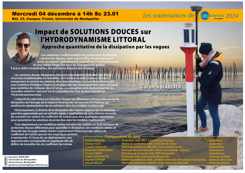 📣 [Soutenance de thèse <a href="/GeoMontp/">Géosciences Montpellier</a>]
Mercredi 04/12 à 14h sc23.01 <a href="/umontpellier/">Université de Montpellier</a>
Garance MARLIER présentera ses travaux de thèse "Impact de solutions douces sur l'hydrodynamisme littoral : approche quantitative de la dissipation par les vagues"
▶️bit.ly/4eX270W