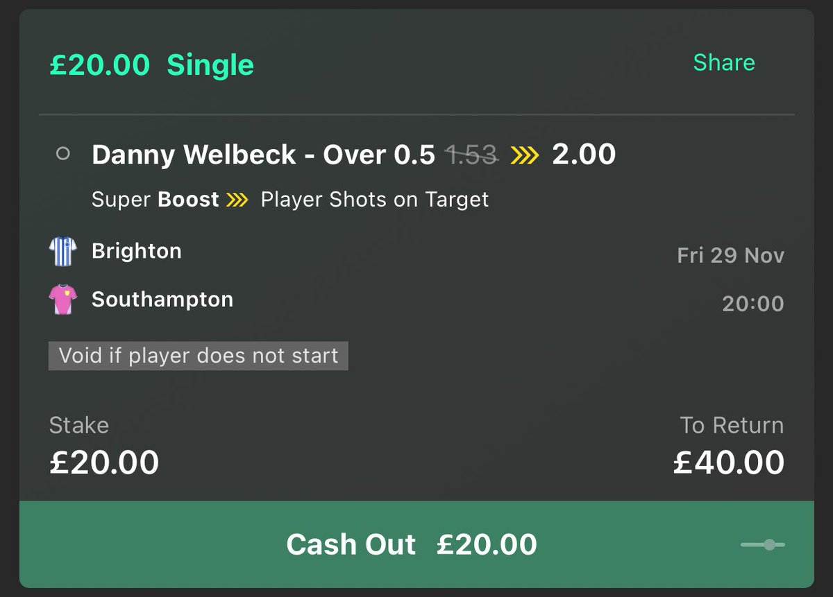💰 £40 CASH GIVEAWAY!!! 

if Danny Welbeck has 1+ SOT in Brighton v Southampton tonight I’ll giveaway… 

❤️ £20 to someone who LIKES this!
🔁 £20 to someone who RTs this!
✅ FOLLOW <a href="/LordFootyTips/">Lord’s Football Tips</a>