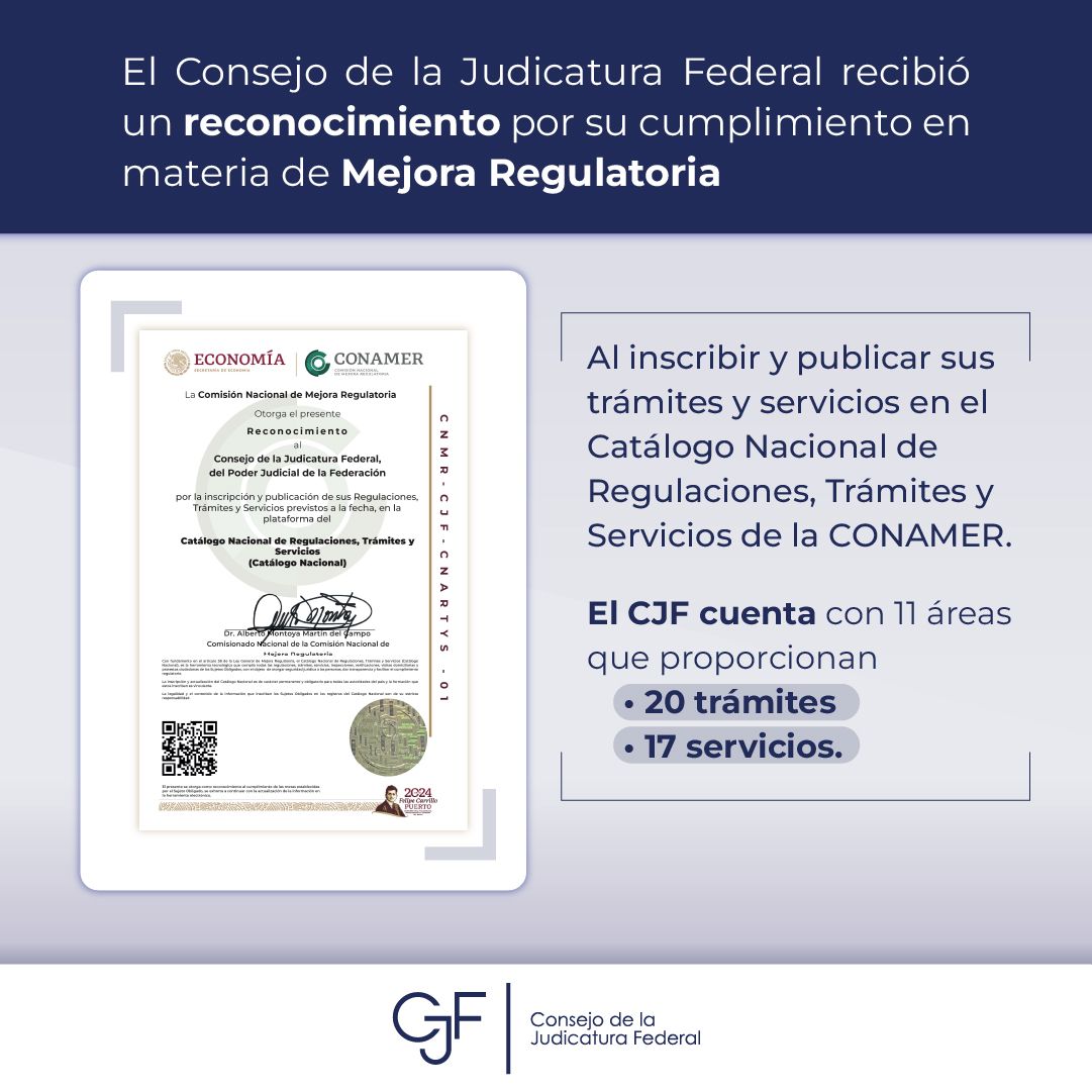 OAJ_Mex's tweet photo. La #CONAMER reconoció al Consejo de la Judicatura Federal en materia de Mejora Regulatoria 🥳
👉 Conoce más entrando a: 🔗 https://t.co/P5ZsE6XqNu https://t.co/Z8Fbsb8gJb