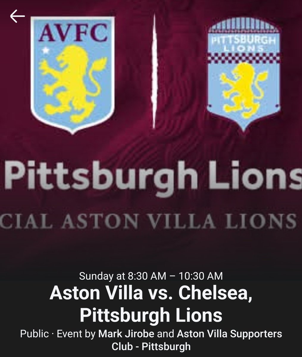 We're back at <a href="/pitchonbutler/">The Pitch on Butler</a> on Sunday for an odd 8:30AM kickoff against Chelsea. 

Perfect prelude to the Pittsburgh Steelers game at 1PM! 

Come cheer on the Villa as they look to turn their league form around! 

UTV