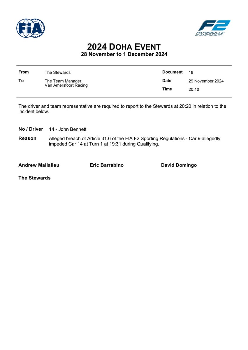 f2updates's tweet photo. 🚨 | Kush Maini and John Bennett have been summoned to the stewards after Maini allegedly impeded Bennett during qualifying.

#F2 #KushMaini #JohnBennett #QatarGP https://t.co/XX0AFMkyqa