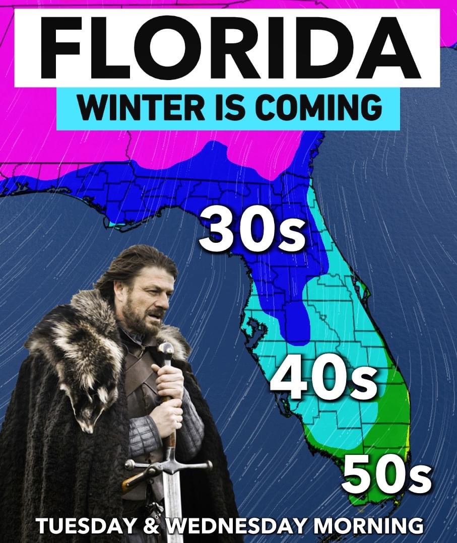 MattDevittWX's tweet image. WINTER IS COMING! 🥶 Get ready Florida for a stronger front to arrive and bring in colder temps with 30s and 40s for most of the state next week. Even a few 20s possible in the Panhandle. Brrr! @WINKNews