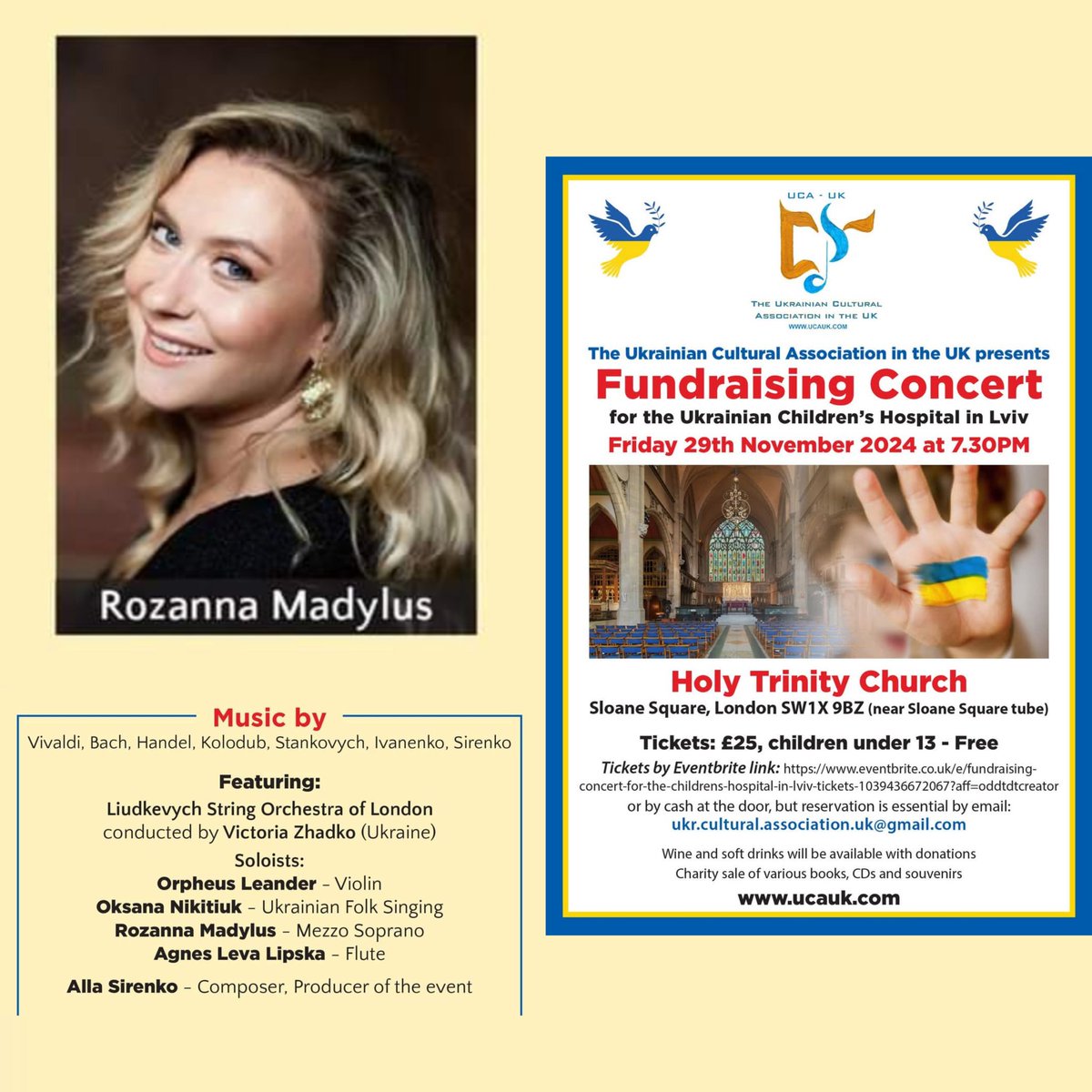 Connaught Artists (@connaughtartis1) on Twitter photo Tonight <a href="/Rozanna_M/">Rozanna Madylus</a> sings in a fundraising concert for the Ukrainian Children's Hospital in Lviv for the Ukrainian Cultural Association in the UK
🎟️🎟️eventbrite.co.uk/e/fundraising-… Tonight <a href="/Rozanna_M/">Rozanna Madylus</a> sings in a fundraising concert for the Ukrainian Children's Hospital in Lviv for the Ukrainian Cultural Association in the UK
🎟️🎟️eventbrite.co.uk/e/fundraising-…