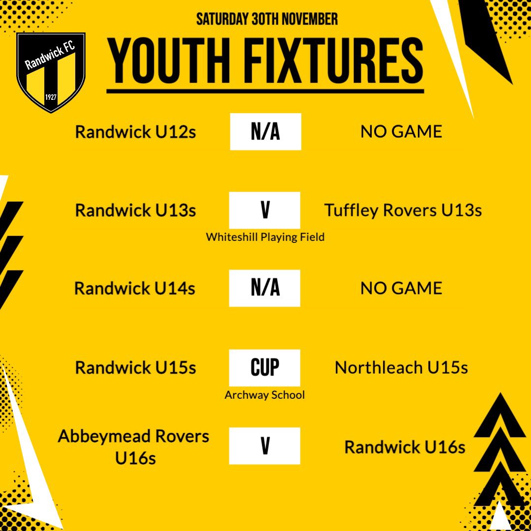 Randwick FC (@randwickfc) on Twitter photo Saturday’s Fixtures ⬇️
🟡Firsts visit <a href="/CamBulldogsFC/">Cam Bulldogs</a> in their rearranged County Cup clash
⚫️Reserves visit <a href="/myuk_my/">RISING STARS FC / MY:UK</a> Reserves in a huge game at the lower end of the table
🟡U13s vs <a href="/AfcTuffley/">Tuffley Rovers AFC Youth</a> (H)
⚫️U15s vs Northleach Juniors (H, CUP)
🟡U16s vs <a href="/abbeymeadrovers/">Abbeymead Rovers FC</a> (A) Saturday’s Fixtures ⬇️
🟡Firsts visit <a href="/CamBulldogsFC/">Cam Bulldogs</a> in their rearranged County Cup clash
⚫️Reserves visit <a href="/myuk_my/">RISING STARS FC / MY:UK</a> Reserves in a huge game at the lower end of the table
🟡U13s vs <a href="/AfcTuffley/">Tuffley Rovers AFC Youth</a> (H)
⚫️U15s vs Northleach Juniors (H, CUP)
🟡U16s vs <a href="/abbeymeadrovers/">Abbeymead Rovers FC</a> (A)