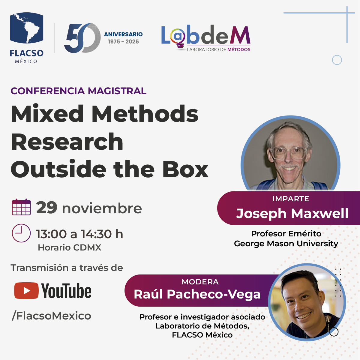 FlacsoMx's tweet image. Te esperamos en punto de las 13:00 h en la Conferencia magistral “#MixedMethods Research Outside the Box” con Joseph Maxwell y Raúl Pacheco-Vega (@raulpacheco).

🗓️ 29 noviembre · 13:00 h (hora CDMX)
🎥 Transmisión #EnVivo en YouTube: bit.ly/YTFLACSO