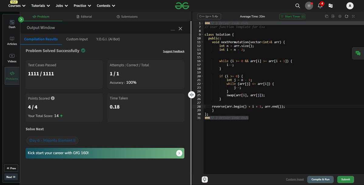 Anishhhaaa_a's tweet photo. ✅Day 5 of GeeksForGeeks 160-day DSA challenge!
Today's problem: Finding the next lexicographical permutation in a given array
@geeksforgeeks #gfg160 #geekstreak2024 #womenintech https://t.co/l9mTUPC6PJ