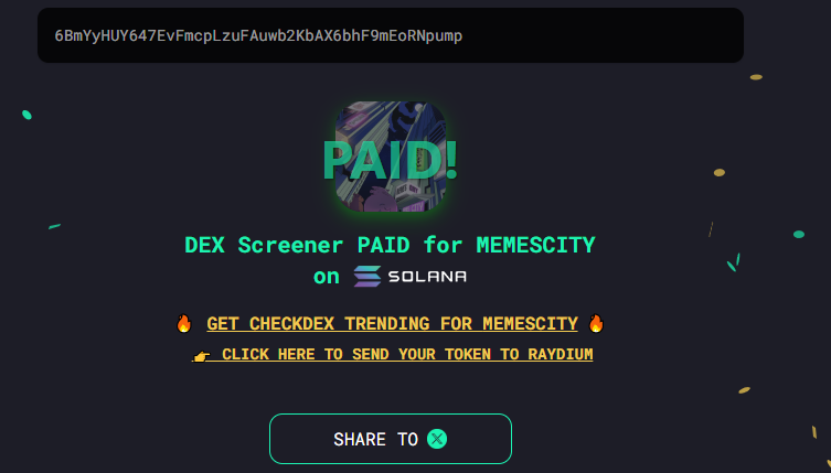 memescitysol's tweet photo. DEX PAID! $MEMESCITY is taking memecoins to the next level. Be there.

https://t.co/urR3ZbFVW5 https://t.co/GCB5dL0obf