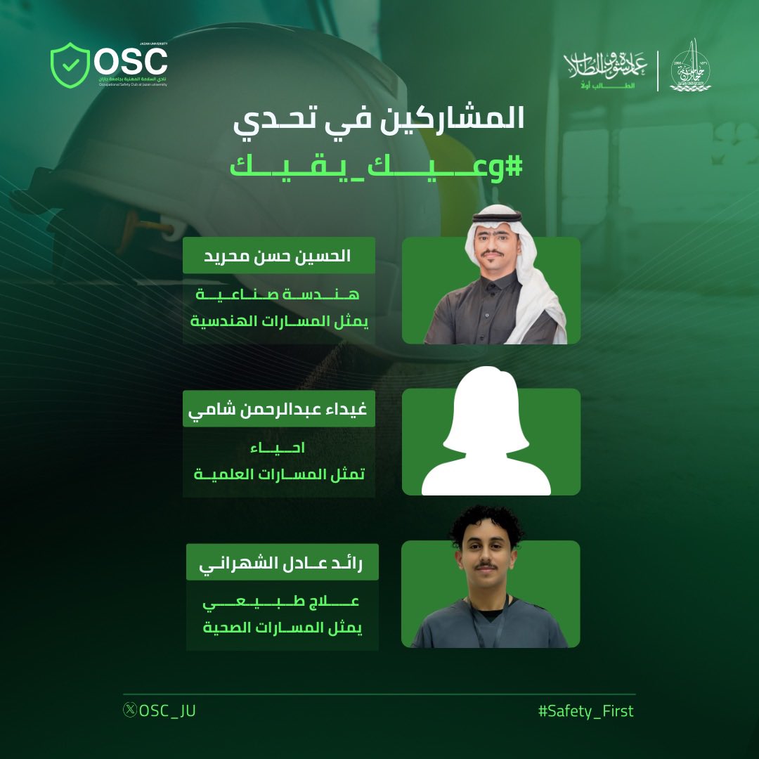 OSC_JU's tweet photo. التحدي بدأ والحماس وصل القمة 🔥🔝

تعرف على المشاركين في تحدي #وعيك_يقيك 🤩

مين تتوقعون راح يفوز بالتحدي 🫣؟

شاركنا توقعك واكتب لنا اسم المشارك اللي تشوفه راح يفوز  بالتحدي🏆👇

#جامعة_جازان 
#نشاطكم_يميزنا 
#عمادة_شؤون_الطلاب
#السلامة_أولا https://t.co/YZV9akxBsY