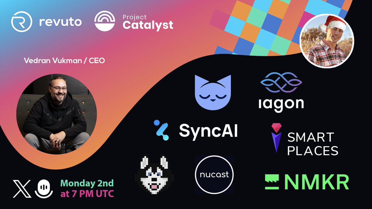 📣 You won't want to miss this! 

Revuto is hosting a <a href="/Catalyst_onX/">Project Catalyst</a> Space this Monday at 7 pm UTC! 🎙️

<a href="/MinswapDEX/">Minswap Labs</a> , <a href="/hoskytoken/">HOSKY</a>, <a href="/IagonOfficial/">Iagon</a>, <a href="/SmartPlacesX/">SmartPlaces</a>, <a href="/nmkr_io/">NMKR</a>, <a href="/SyncAI_Network/">SyncAI Network</a>, <a href="/NucastIO/">Nucast.io</a>, and 🎅 <a href="/TheOCcryptobro/">Chris O 🌎 Cardano DRep</a>. 

It's going to be an absolute blast! Tune in 👇