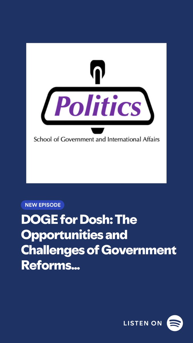 🚨 New PRM Episode on the Opportunities and Challenges of Government Efficiency Reforms -- Can DOGE find Dosh? with CIPB colleague Aung Hein, a core member of the MSc Public Policy teaching team.

Listen at: open.spotify.com/episode/7A36Fb…

MSc Public Policy: durham.ac.uk/public-policy