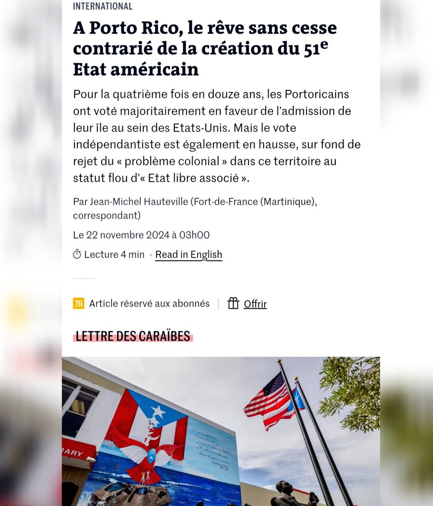 Le 5 novembre, les Portoricains ont voté, pour la quatrième fois, pour que leur île, sous souveraineté américaine depuis 1898, soit admise au sein des États-Unis. Quels sont les enjeux de l'«étatisation» de Porto Rico et pourquoi Washington refuse? À lire dans <a href="/lemondefr/">Le Monde</a> 🇵🇷🇺🇲📰