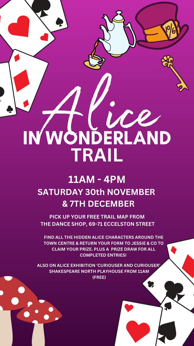 Don’t worry if you didn’t make it to last weeks “Welcome to Wonderland” event.  The trail continues for the next two Saturdays ♠️🐇♣️ 11am to 4pm 

The free Alice exhibition “Curious and Curiouser” is also on at Shakespeare North Playhouse from 11am

#Prescot #WelcometoWonderland