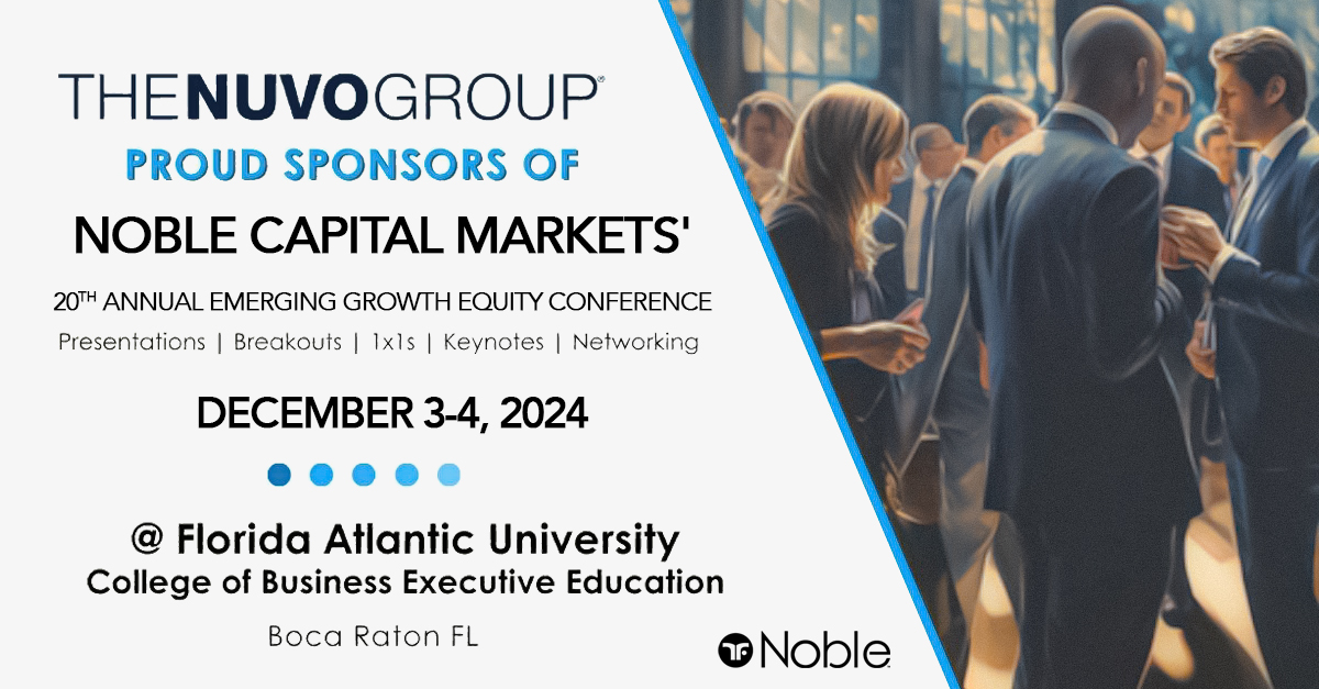 wearenuvo's tweet image. The Nuvo Group is a proud sponsor of @NobleCapMkts's 20th Annual #NOBLEcon being held Dec 3-4 in Boca Raton, Fl. Be sure to stop by our booth to discuss customized Financial Print solutions with one of our team members — see you there!
#NobleCon20 #Investing #AI #SharkTank