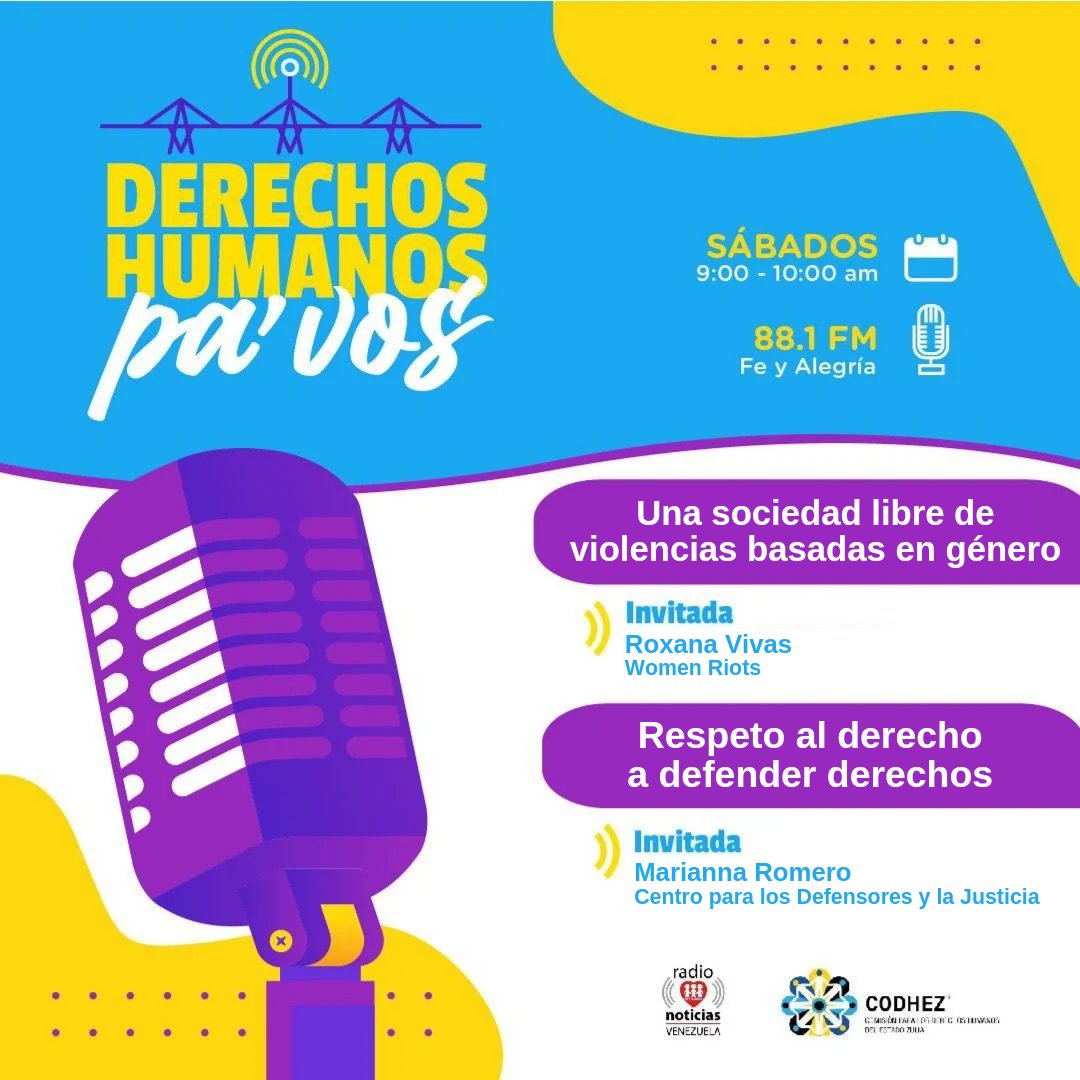 Codhez (@codhez) on Twitter photo Este sábado #30Nov en #DDHHPaVos conversaremos sobre:
✋️Día Internacional de la Eliminación de la Violencia contra la Mujer, con Roxana Vivas, de <a href="/WomenRiots/">Women Riots</a>
👧El Día Internacional de las Defensoras, con Marianna Romero, de <a href="/DefensoresDDHH_/">Centro para los Defensores y la Justicia</a>
⌚️9:00am
radios.feyalegrianoticias.com/maracaibo-fm/ Este sábado #30Nov en #DDHHPaVos conversaremos sobre:
✋️Día Internacional de la Eliminación de la Violencia contra la Mujer, con Roxana Vivas, de <a href="/WomenRiots/">Women Riots</a>
👧El Día Internacional de las Defensoras, con Marianna Romero, de <a href="/DefensoresDDHH_/">Centro para los Defensores y la Justicia</a>
⌚️9:00am
radios.feyalegrianoticias.com/maracaibo-fm/