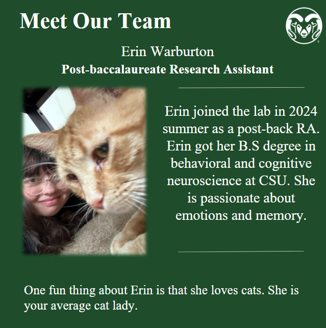 CSU_behav_lab's tweet image. Meet Erin! Erin is a post bacc RA in our lab and is currently running this Twitter account!
#meettheteam #foco #coloradostate #research #behavioralmedicine